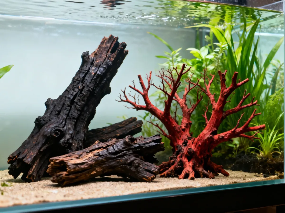 Korzenie akwariowe Iron Wood i Red Moor Wood obok akwarium