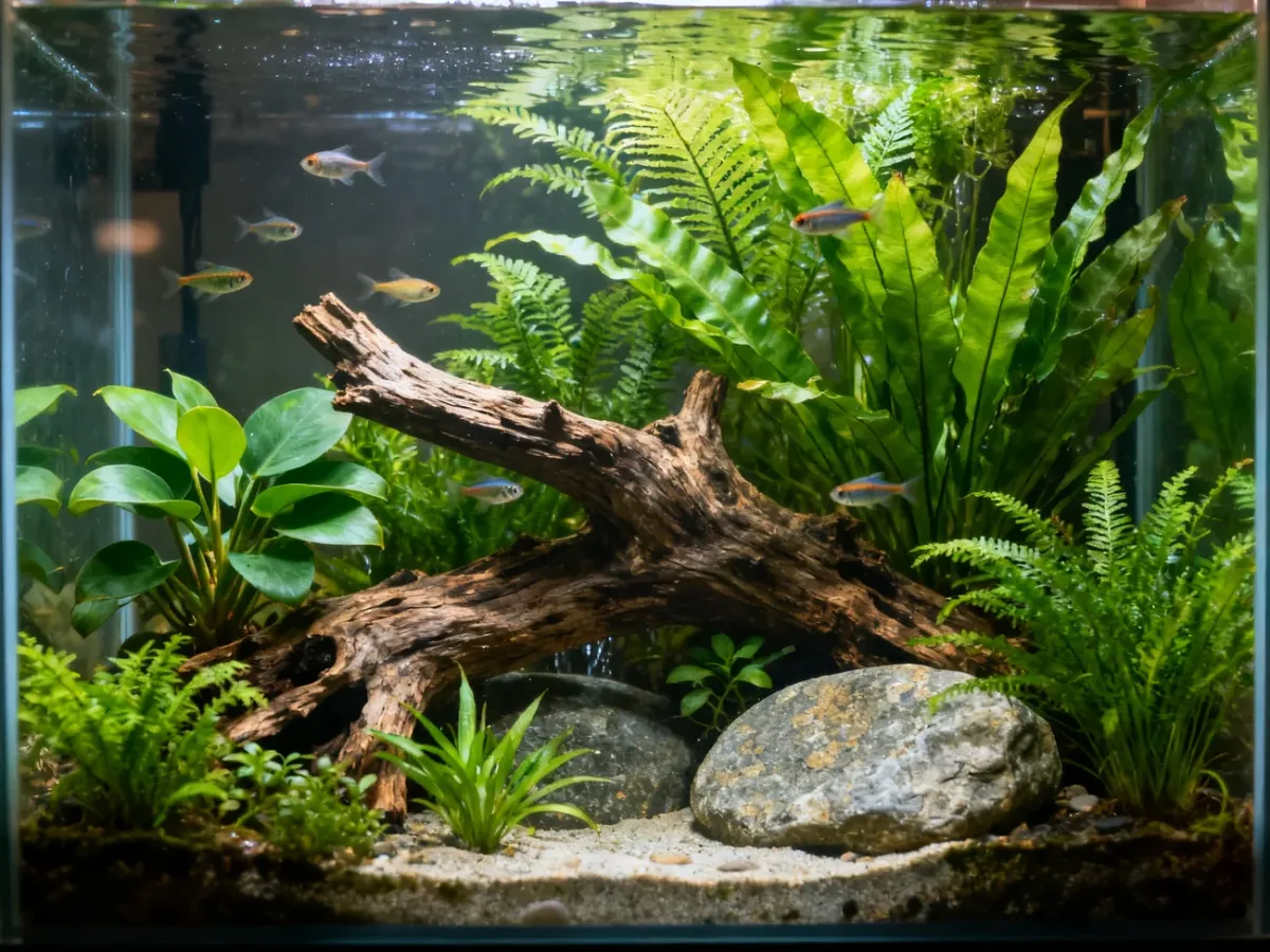 Niewymagające rośliny w naturalnie urządzonym akwarium low-tech