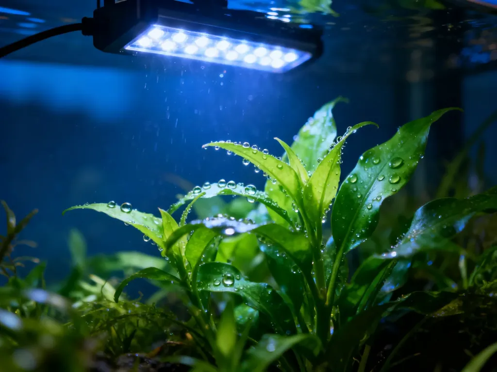 Soczyste rośliny akwariowe oświetlone profesjonalną lampą LED, podkreślającą ich intensywną zieleń i detale liści.