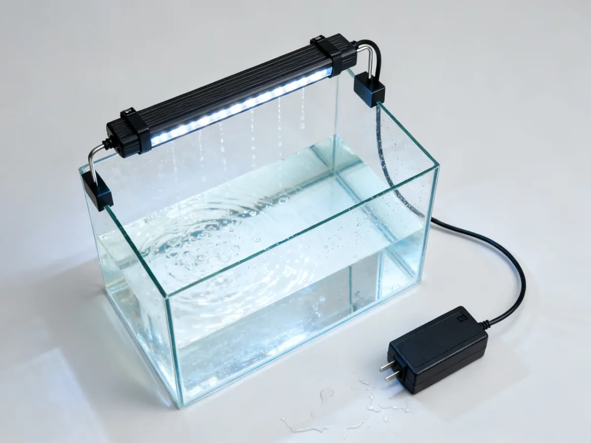Bezpiecznie zamontowana lampa LED nad akwarium z przewodem tworzącym pętlę ociekową