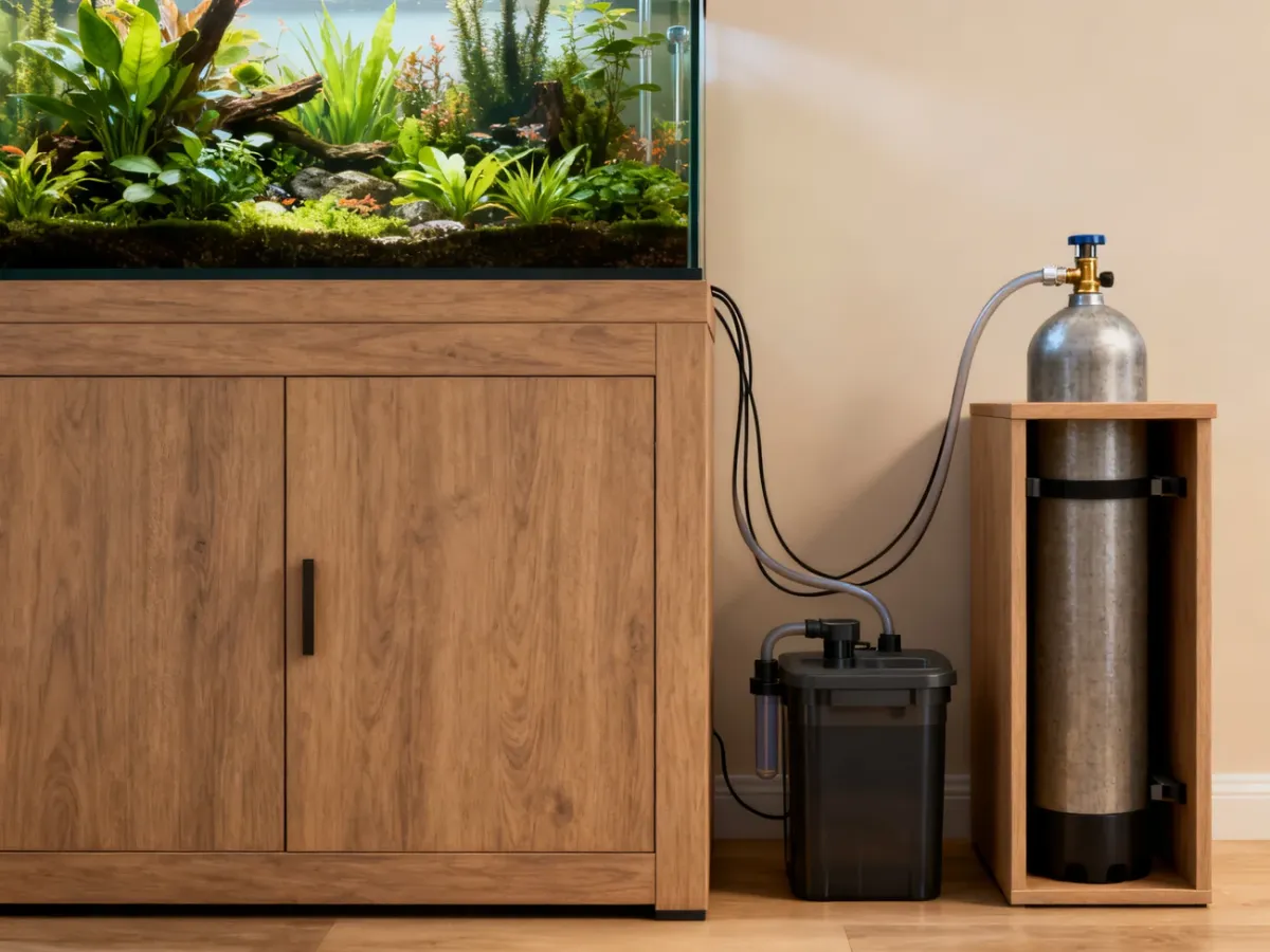 Akwarium ze stabilną dodatkową szafką na filtr i butlę CO2